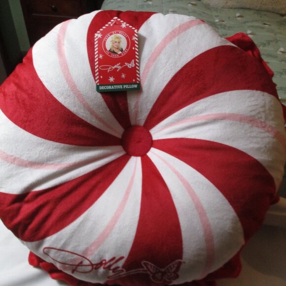 Set of Two DG Dolly Parton Christmas Pillows Peppermint & Bow NWT - Picture 3 of 3